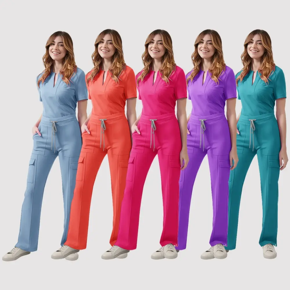 Women's 2-Piece Polyester-Spandex V-Neck Stretch Medical Scrub Set - Soft, Breathable Workwear with Multi-Color Cargo Pants for RN Healthcare Workers, Hospital Uniforms