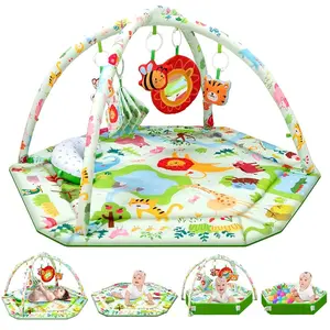Baby Play Mat,Tummy Time Mat with 6 Detachable Toys-Activity Gym for Visual, Auditory & Motor Development-Washable Baby Activity Mat for 0-12 Month Infants(Animal Theme)