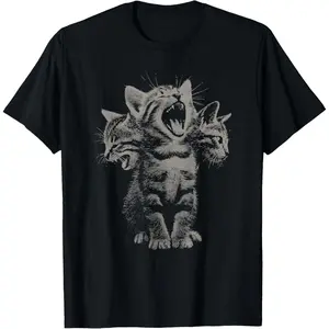 Cotton Graphic Tees Streetwear Gifts  3 Headed Cat Funny Vintage Grunge y2k 90s Kitten T-Shirt Casual Round Neck