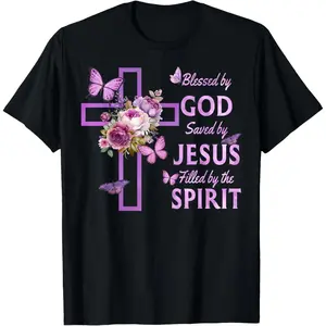 Divine Blessing and Salvation Featuring Jesus and Purple Floral Cross Christian T-Shirt Short Sleeve Casual Graphic Tee