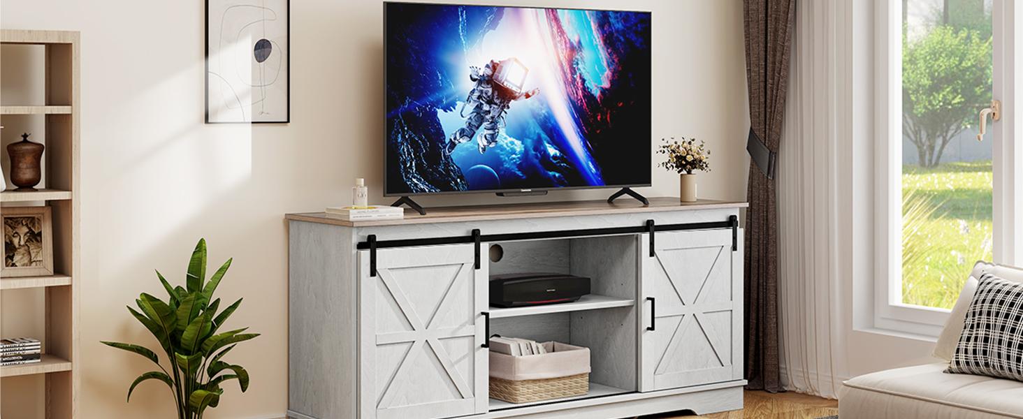YITAHOME Farmhouse TV Stand for TVs up to 65 Inch, Entertainment Center with Sliding Barn Doors and Storage Cabinet, Rustic TV Media Console for Living Room