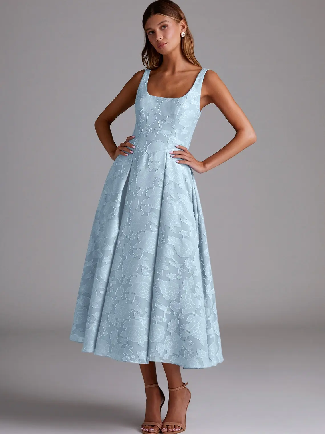 AZAZIE Amalie Sleeveless Pleated A-Line Midi Dress in Floral Burnout with Square Neck and Pockets for Wedding Guests