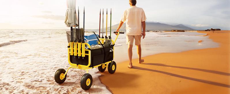 Bonnlo Beach Fishing Cart, Beach Wagon Trolley with 11" Big NO-Flat Airless Tires, Foldable Beach Trailer with Large Cargo Basket, 550 lbs Load Capacity, 8 Fishing Rods Holder, Durable Oxford Bag