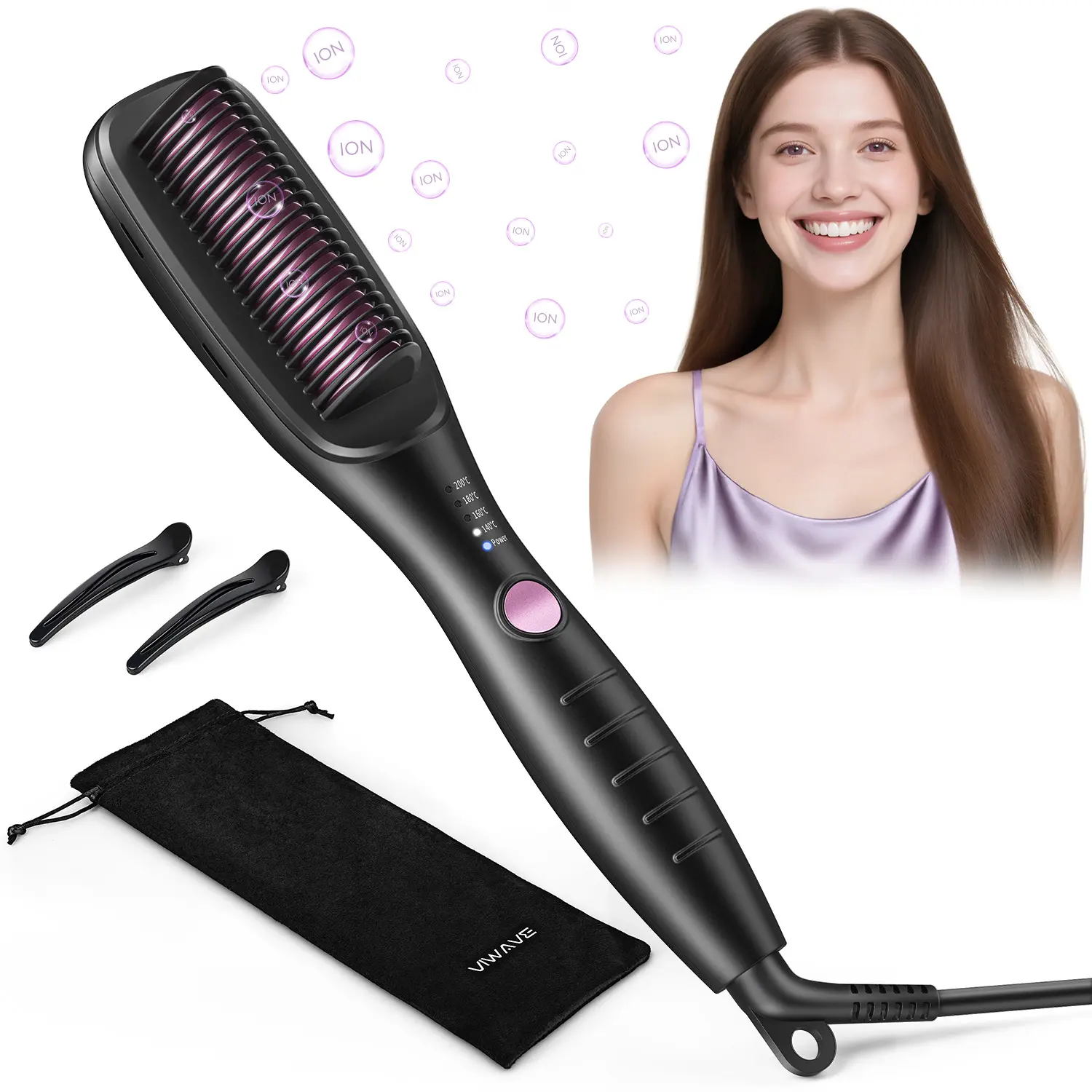 VIWAVE 30s Fast Heating Ionic Hair Straightening Brush – Ceramic Flat Iron Comb with Million Negative Ions, Anti-Scald Design, 4 Heat Settings (140–200°C), Ideal for Frizzy, Curly & Wavy Hair, Quick Daily Styling