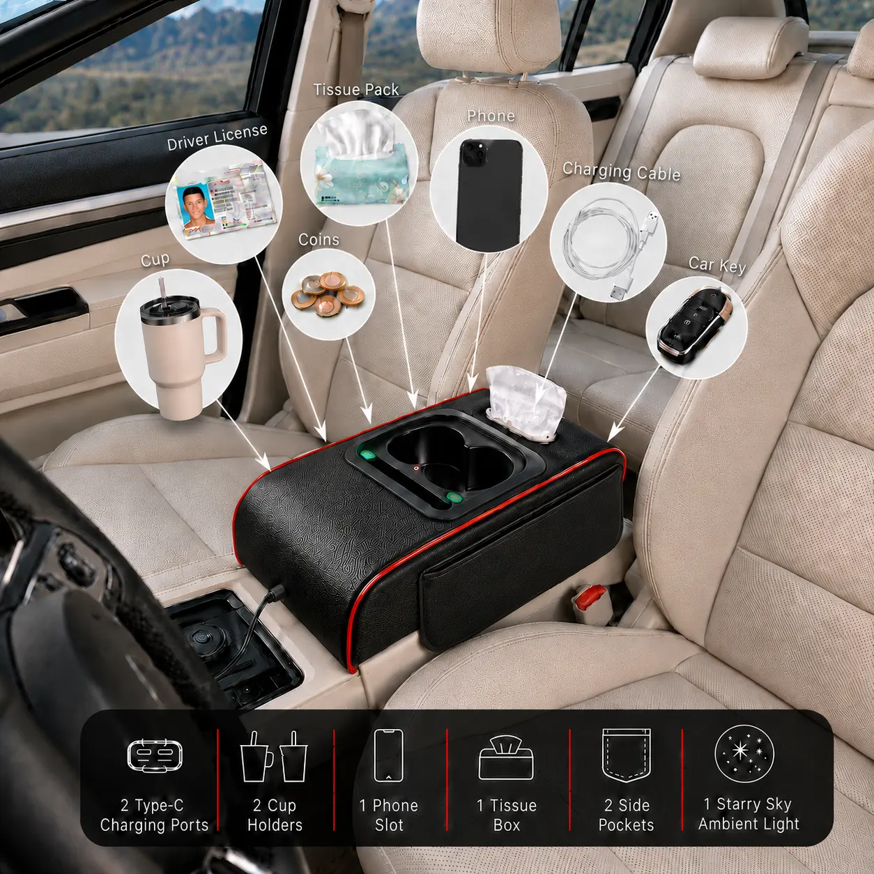[Summer Sale Deals] 7-in-1 Car Center Console Organizer Armrest Pad with Dual Type-C Fast Charging Ports, 2 Cup Holders, Phone Slot, Tissue Box, 2 Side Storage Pockets & Starlight Ambient Light, Car Interior Accessories for Sedan SUV Truck, Car Organizers