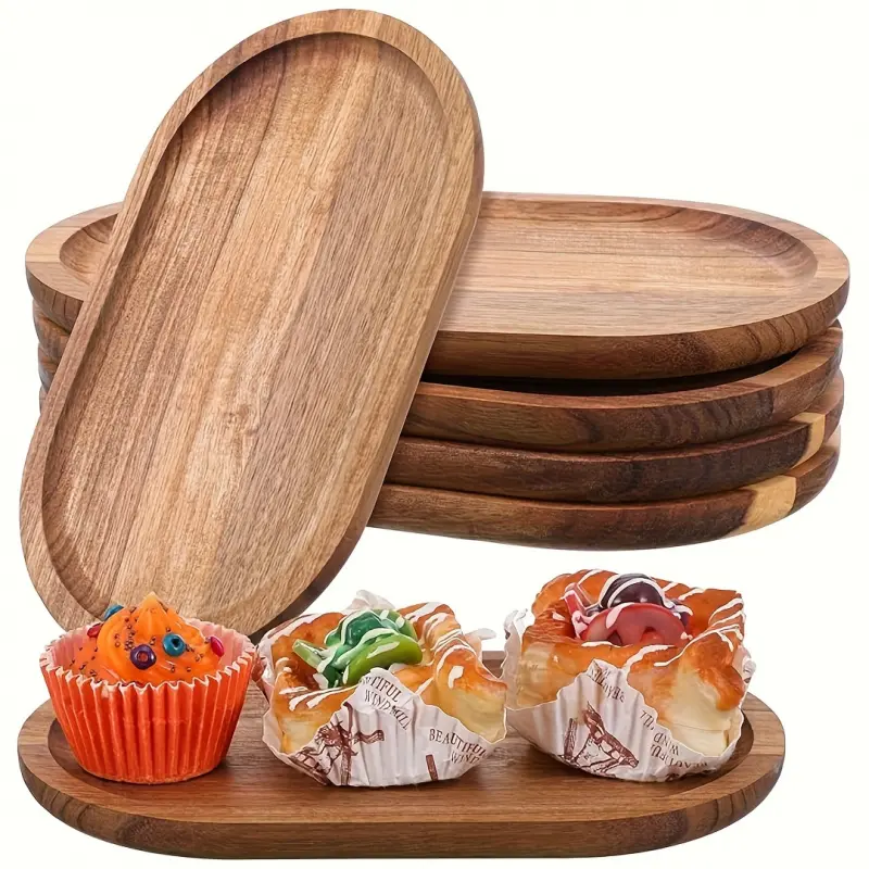 6PCS Multi-functional Wooden Kitchen Tray, Display Tray, Breakfast Tray, Appetizer Plate, Serving Platter, Oval, suitable for fruit salad, cheese, coffee, appetizer decoration, kitchen accessory with food safety certif