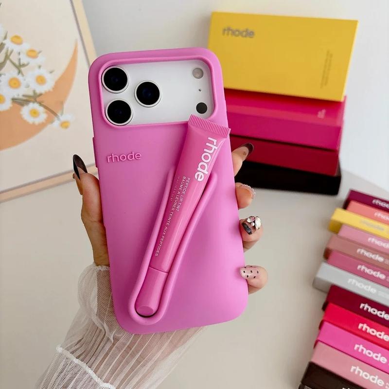 Rhode Cute Makeup Aesthetic Phone Case with Built-In Lip Balm Holder for iPhone 11 12 13 14 15 16 17, Shockproof Protective Back Cover, Stylish Beauty Phone Accessory for Women and Daily Carry