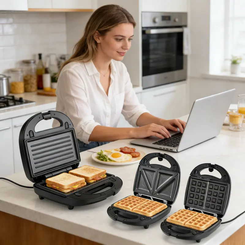 Home waffle maker, sandwich panini anti stick breakfast machine, double-sided bread toaster, American plug
