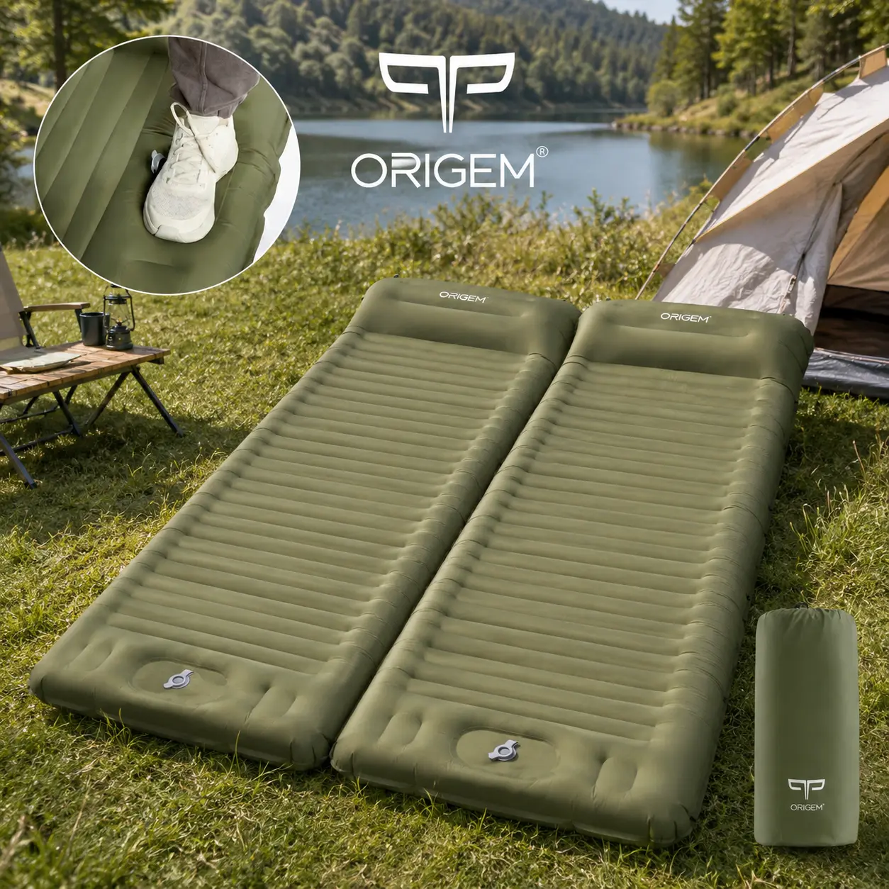 Origem Extra-Thick & Extra-Wide Inflatable Camping Sleeping Pad, Ultra-light Camping Mat with Pillow, Built-in Foot Pump Inflatable Sleeping Pads Compact for Camping Backpacking Hiking Traveling Tent,Single,Green