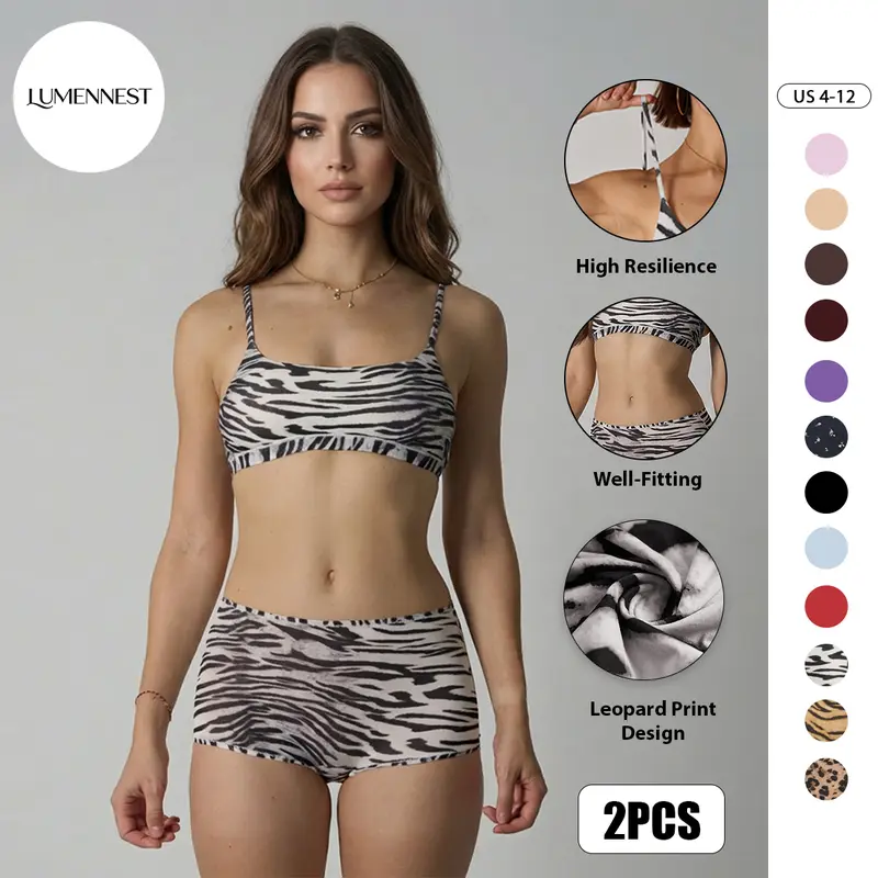 LUMENNEST Women's 2-Piece Minimalist Casual Seamless Leopard Print Thin-Strap Underwear Set - Nylon Blend, Moisture-Wicking, Adjustable Shoulder Strap, All Seasons Bralette & Panties Co-ord (Underwear Women)