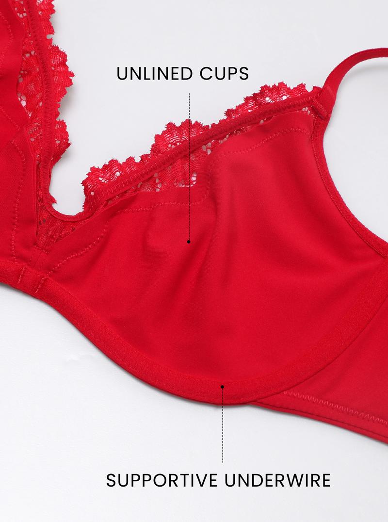 Unlined Plunge Scoop Bra Lace Trim Balconette Sexy Underwire Demi Bras Deep V