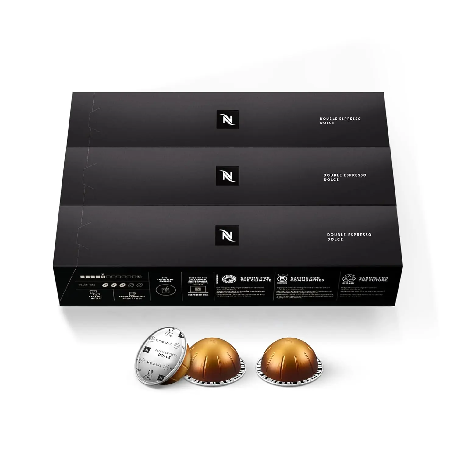 Nespresso Vertuo Espresso Coffee Capsules & Pods - Double Espresso Dolce, 30-Count, 2.7 oz Brew, Arabica Blend, Vegetarian, Cholesterol-Free, Cupboard-Storable, Dark Roast Coffee for Adults