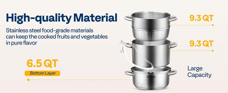 VIVOHOME 9.3QT Stainless Steel Steam Juicer 3-Layer Large Capacity Extractor Pot with Glass Lid, Double Handles, 2 Hose, Clamp, Induction Compatible for Fresh Fruit Vegetable Juice Aluminium Multifunctional Kitchenware Ideal Gift