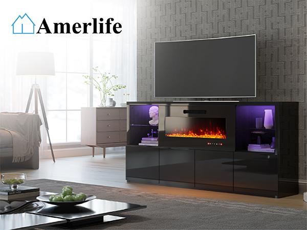 AMERLIFE Modern High Gloss 68" Fireplace TV Stand, Media Entertainment Center with Electric Fireplace & LED Lights for TVs up to 78", TV Console Cabinet with Adjustable Glass Shelves AMERLIFE Modern High Gloss 68" Fireplace TV Stand, Media Entertainment Center with Electric Fireplace & LED Lights for TVs up to 78", TV Console Cabinet with Adjustable Glass Shelves