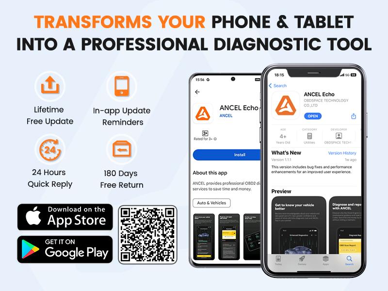 Ancel Echo OBD2 Scanner Bluetooth - All Systems Car Diagnostic Tool,  Bidirectional  Code Reader with Resets,  Battery Registration Wireless OBD2