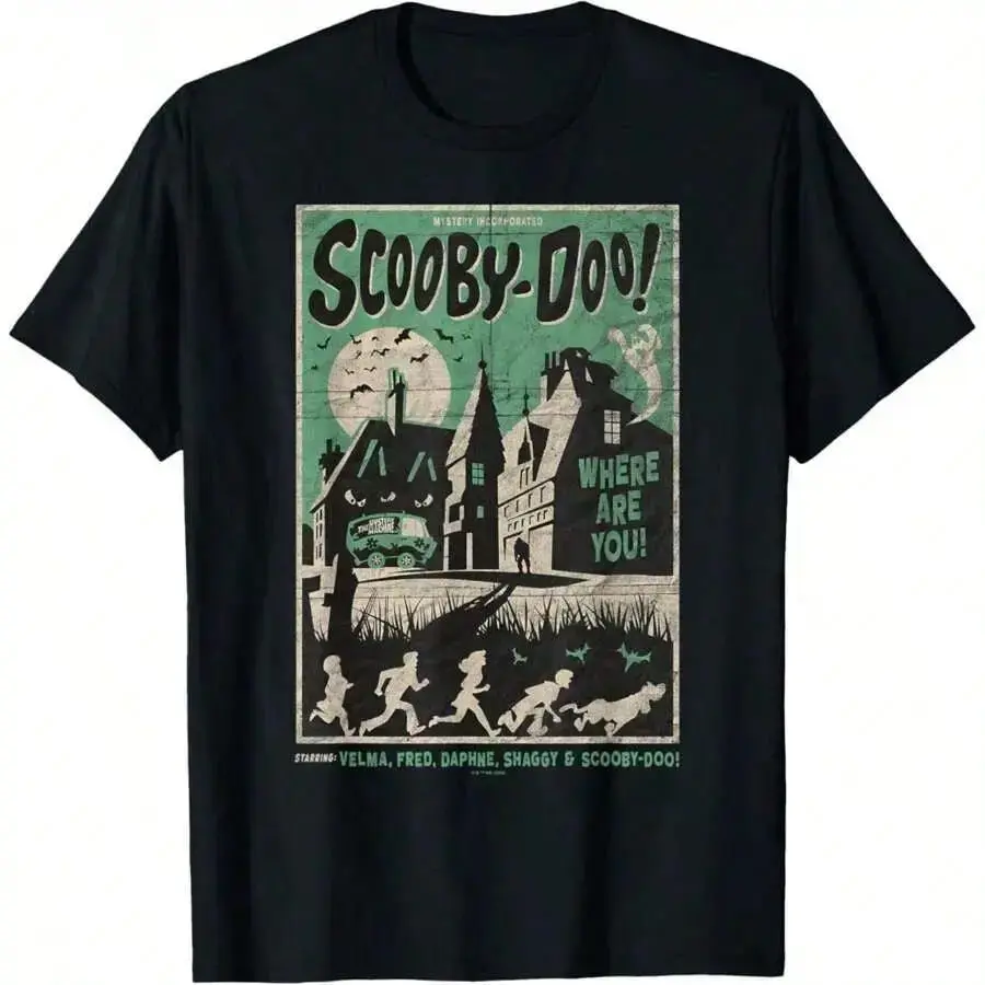 Vintage Scooby-Doo Mystery Incorporated Print Apparel, Classic Round Neck Short-Sleeve Unisex Crewneck Tee, Retro Spooky Haunted House Cartoon Fan Sports Top