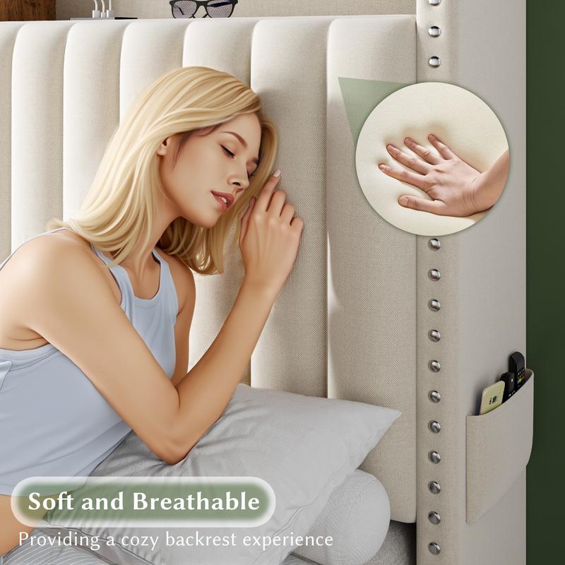 Luxury Bed Frame for Queen with 2 Storage Drawers & Shelves, MATTRESS NOT INCLUDED, Bed frame with LED &Charging Station, Queen, King, Full Size, Upholstered Platform Bed Frame with Headboard, Noise-Free