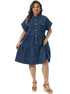 Agnes Orinda Plus Size Denim Babydoll Dress for Women Button Down Short Sleeve Tiered with Pockets Jean Dress