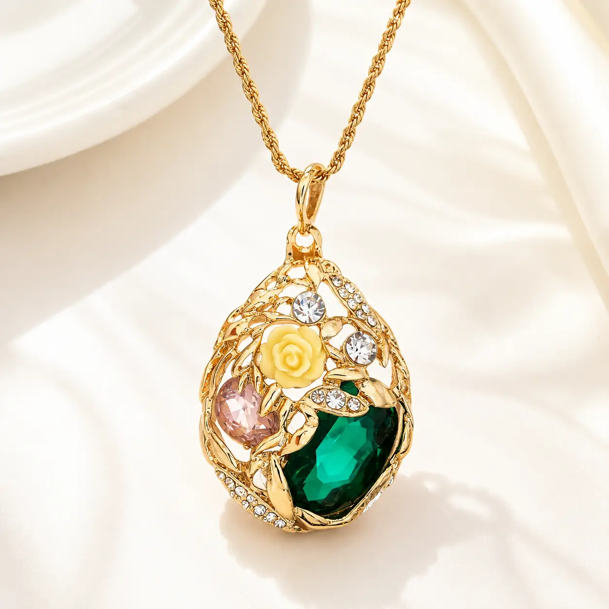 Women's Vintage Metallic Gold-Tone Pendant Necklace - Teardrop Floral Frame with Rose Accent, Twisted Rope Chain, Statement Jewelry for Parties