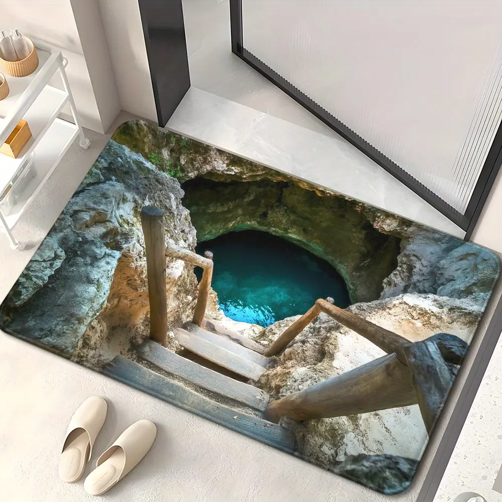 3D Cave Waterfall Floor Illusion Doormat, Flannel Entryway Rug with Realistic Blue Underground Pool & Stone Stair Design, Indoor Front Door Mat for Entryway, Bedroom, Bathroom & Home Decor, Unique Housewarming Gift
