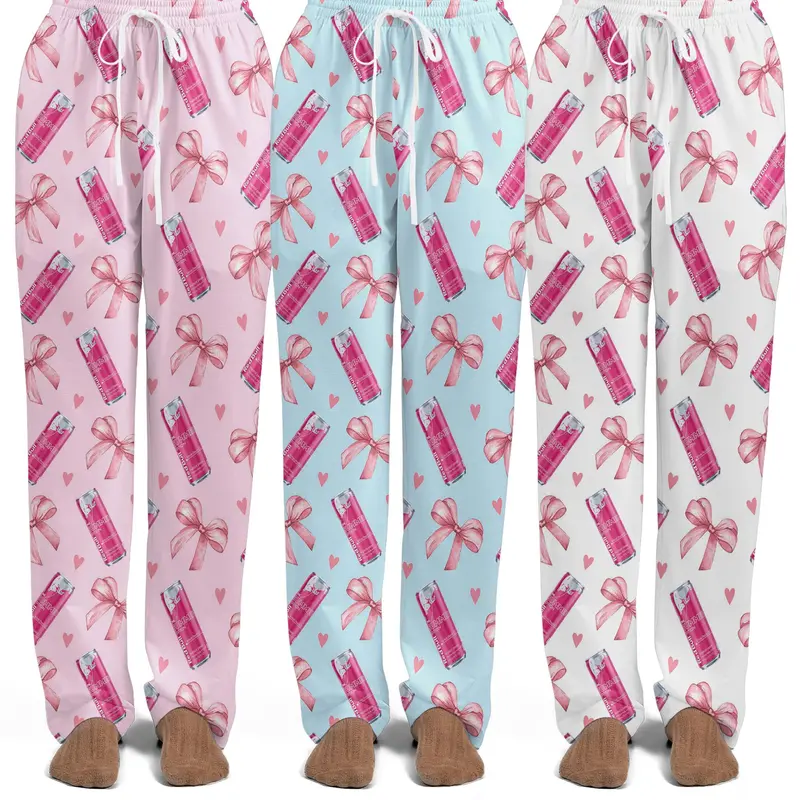 White Peach Summer Edition Bull Coquette Bow Energy Drink Pajama Pants – Soft Lounge Pants for Women, Cozy Gift Sleepwear
