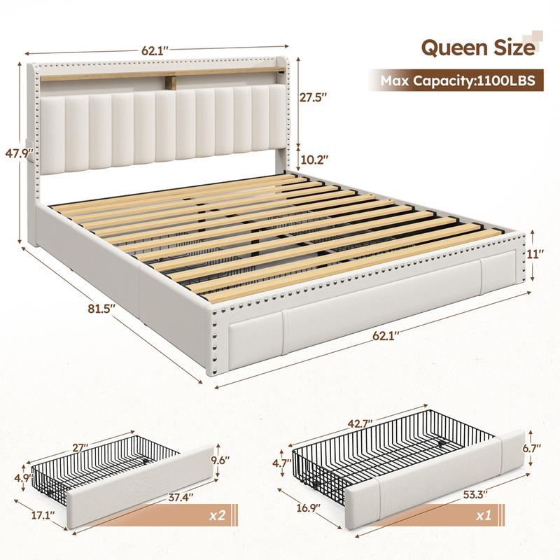 King Size Bed Frame with Storage & Headboard, Upholstered Queen or Full Size Divan Beds with Drawers & Shelves, Luxury Bed Frames- Modern Luxury Home Interior Furniture