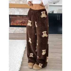 Women's Casual Cartoon Bear Pattern Drawstring Waist Teddy Fleece Long Pants, Autumn/Winter（gift） Brown Fabric