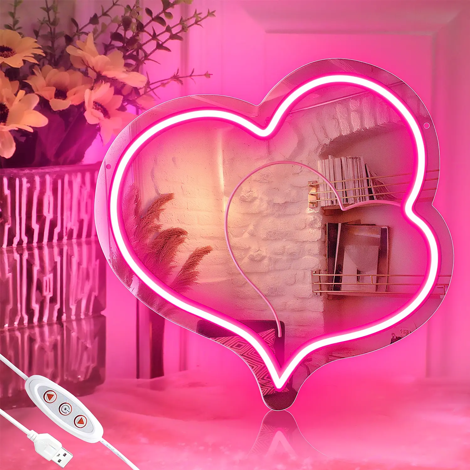SEGRASS Heart Shape Neon LED Lighted Vanity Love Mirror Pink - 11.6x11.8in Lightweight Wall-Mount Cosmetic Mirror, Valentine's Day Gift for Girls, Girly House Accessories, Aesthetic Room Decor (Home Improvement Indoor Lighting), Vanity Mirror, Makeup Mirr