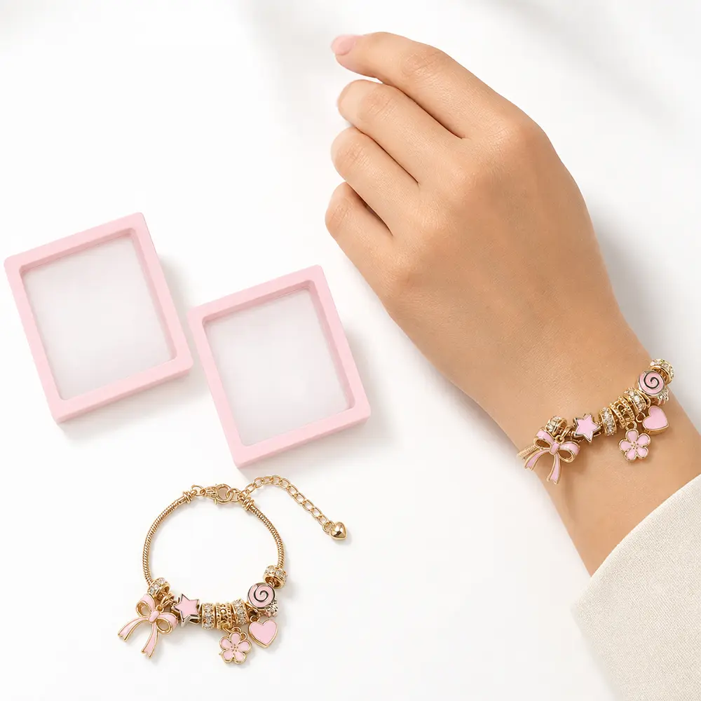 2 Pcs Pink & Gold Charm Bracelet Set for Women Girls,Cute Bow Heart Cherry Blossom Beaded Bracelets with Floating Display Box,Birthday Halloween Christmas Valentine Mother's Day Gift for Her