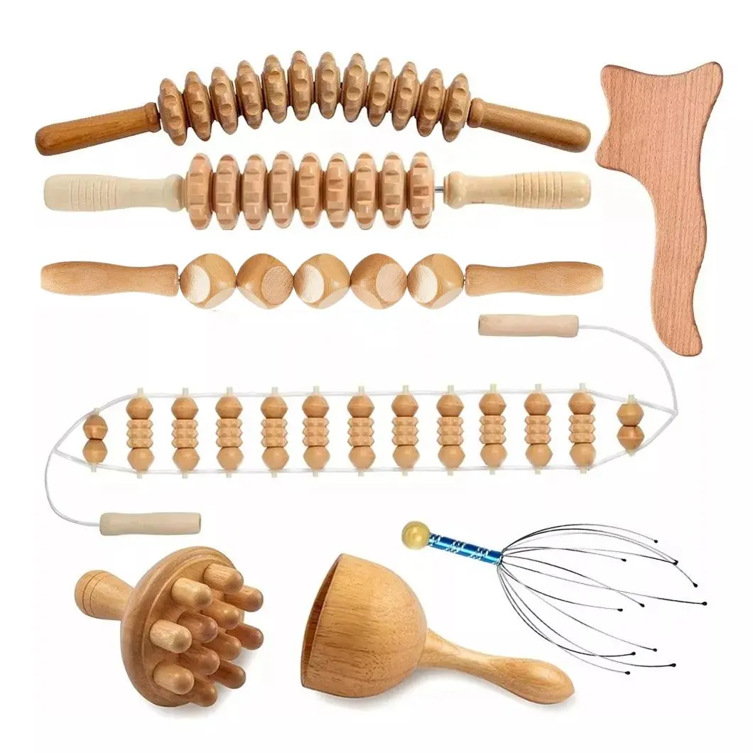 8-Piece Multi-Pack Durable Smooth Wood Manual Massage Tools Set - Body Roller Kit, Self Care Products with Gua Sha Tool, Multi-Pressure-Point Roller, Back Massager for Adult Stress Relief, Spa Gift Set, Fascia Release Tools