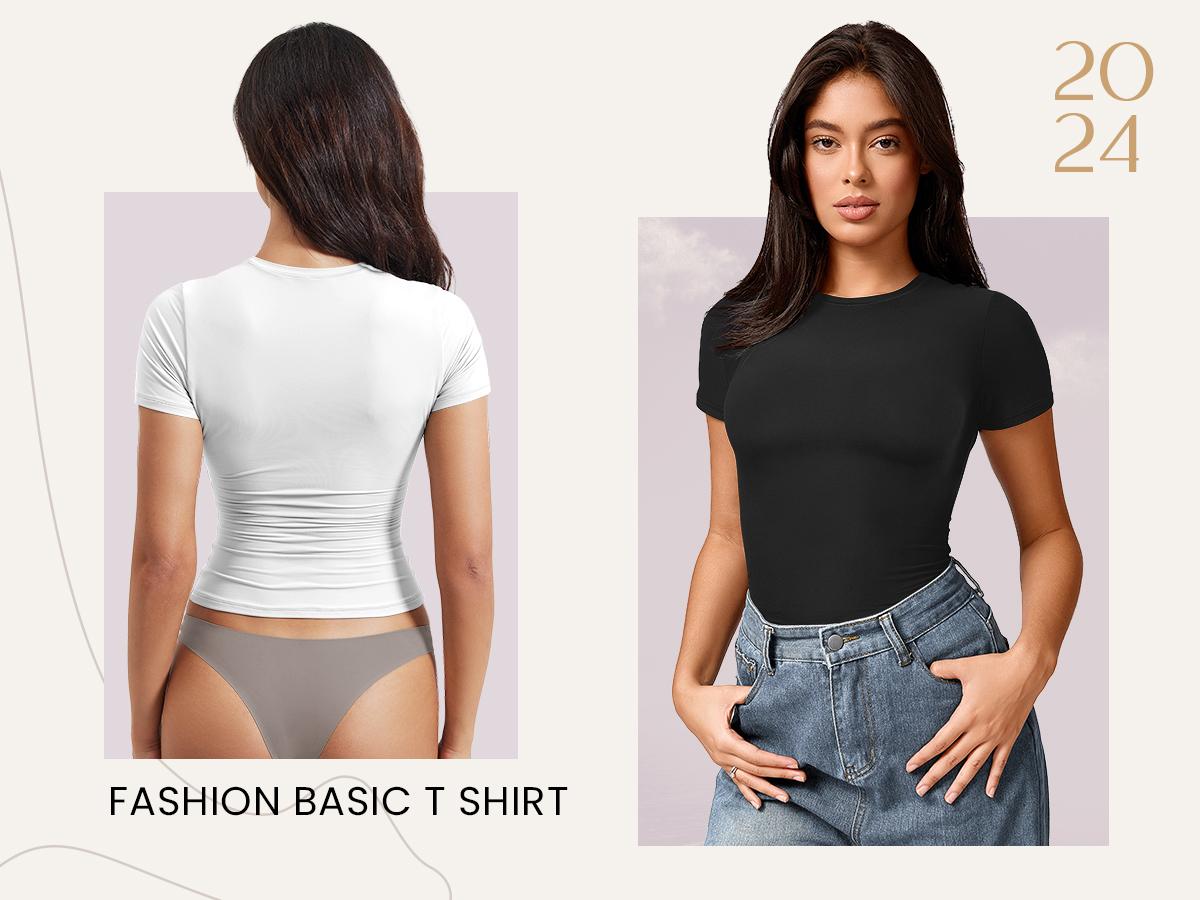 YEOREO Women Fitted Workout Tops Short Sleeve Double Lined Basic Y2K Going Out Crew Neck Compression Crop Top SpringStatements Style