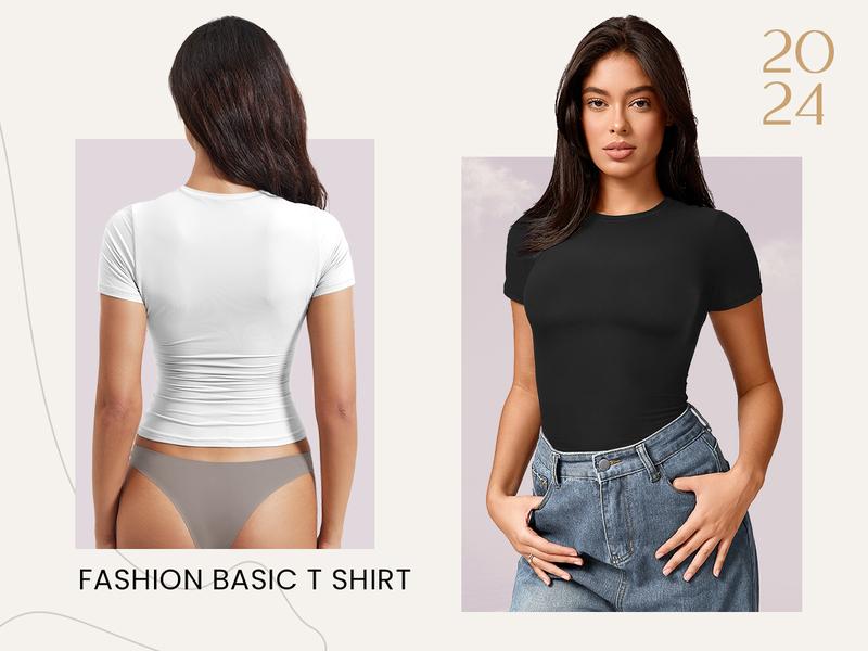 YEOREO Women Fitted Workout Tops Short Sleeve Double Lined Basic Y2K Going Out Crew Neck Compression Crop Top