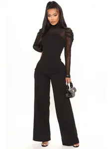 Keep It Classy Mesh Jumpsuit - Black Long Sleeve Sheer Mesh Puff Detail Mock Neck Functional Back Zipper Wide Leg Plus Sizes