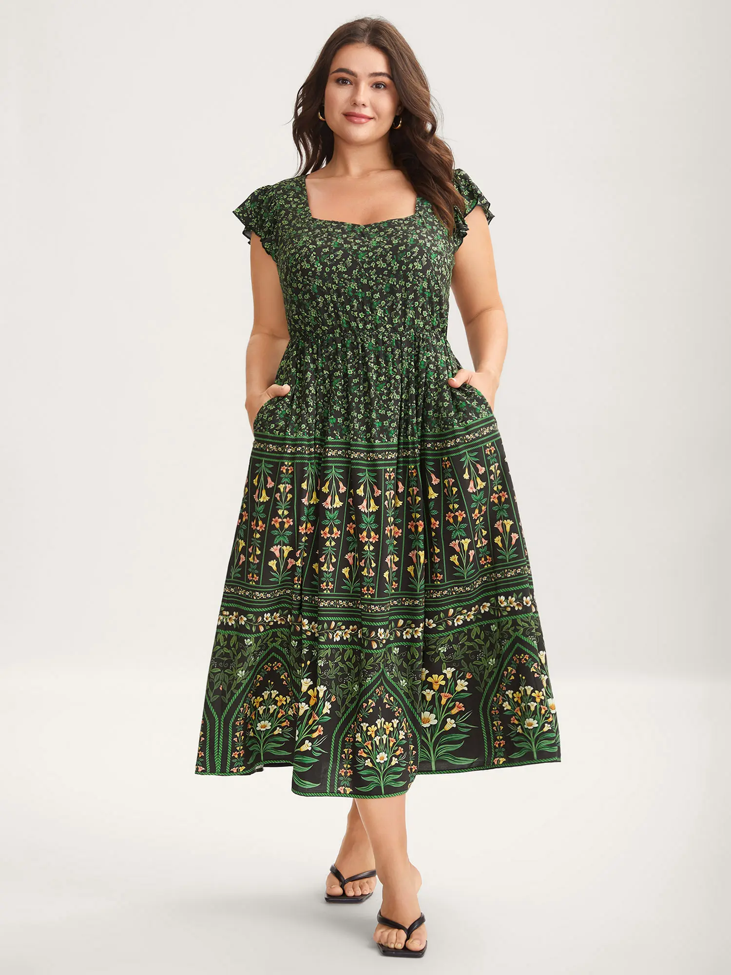 BLOOMCHIC Women's Smooth Rayon Casual Floral Ruffled Cap Sleeve Midi Dress - Cottagecore Garment with Pockets Fit Womenswear Swimweek, Casual Fashion Dress, Women's Clothes, summeroutfits,vacationoutfits,,Summerfinds
