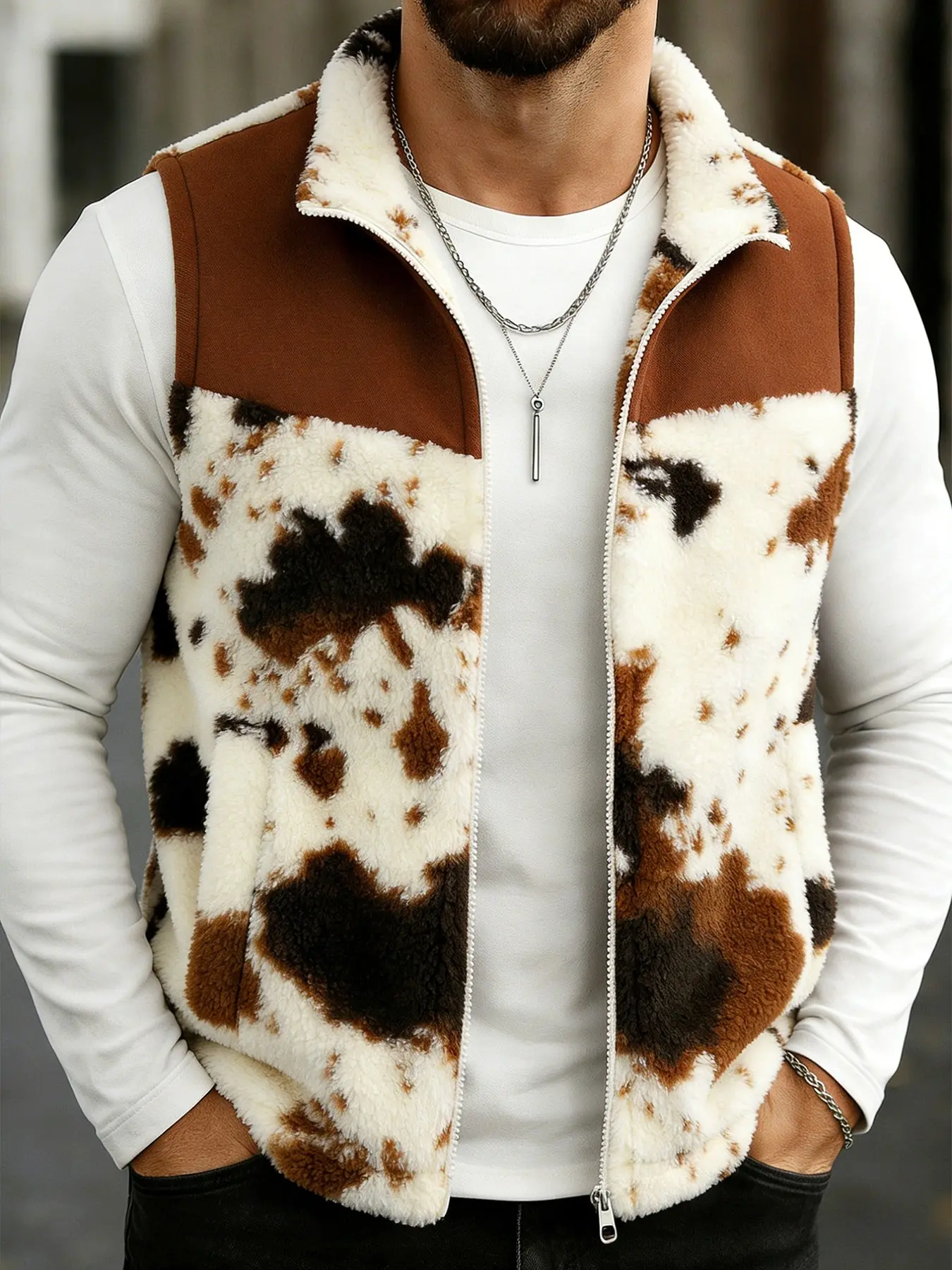Unisex Fashionable Cow Print Lamb Fur Sleeveless Vest, Sleeveless Gilet, Western Streetwear, Warm Thermal Design, Block, Zipper Front, Casual Outerwear, Street Style