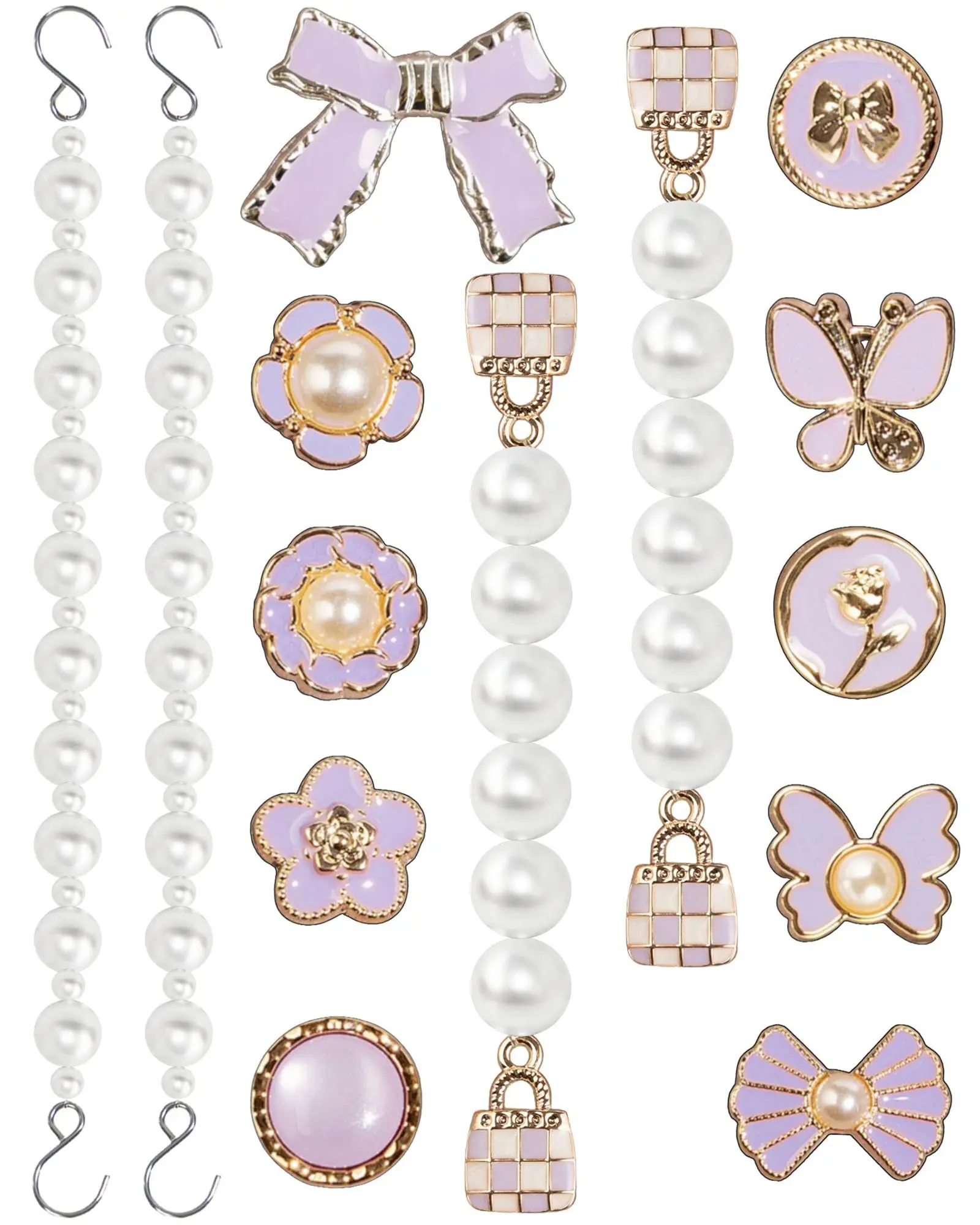 Shoe Charms Set for Women, 14-Piece Luxury Pearl Flower Shoe Embellishment Kit, Sparkly Purple Resin DIY Jewelry Accessories, Footwear, Shoe Accessories