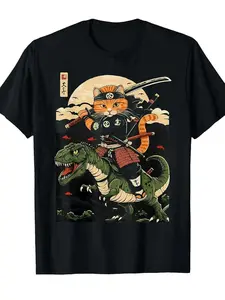 Everyday Comfort Samurai Cat Riding Dinosaur Japanese Ukiyoe T-Shirt for Men and Women Black Casual Crew Neck Short Sleeve AllSeason Wear