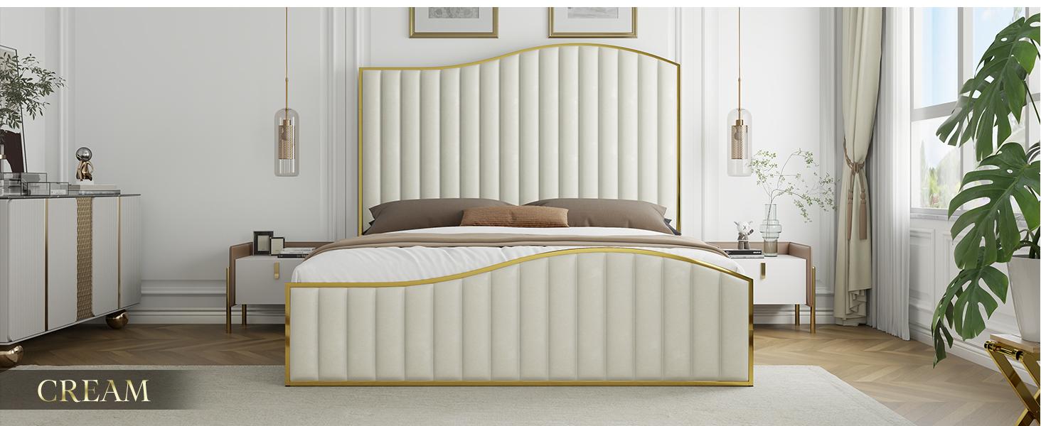 AMERLIFE Bed Frame with Golden Plating Trim, Velvet Upholstered Bed with Vertical Channel Headboard Footboard, No Box Spring Needed/Christmas Gift
