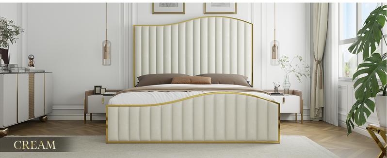AMERLIFE Bed Frame with Golden Plating Trim, Velvet Upholstered Bed with Vertical Channel Headboard Footboard, No Box Spring Needed/Christmas Gift
