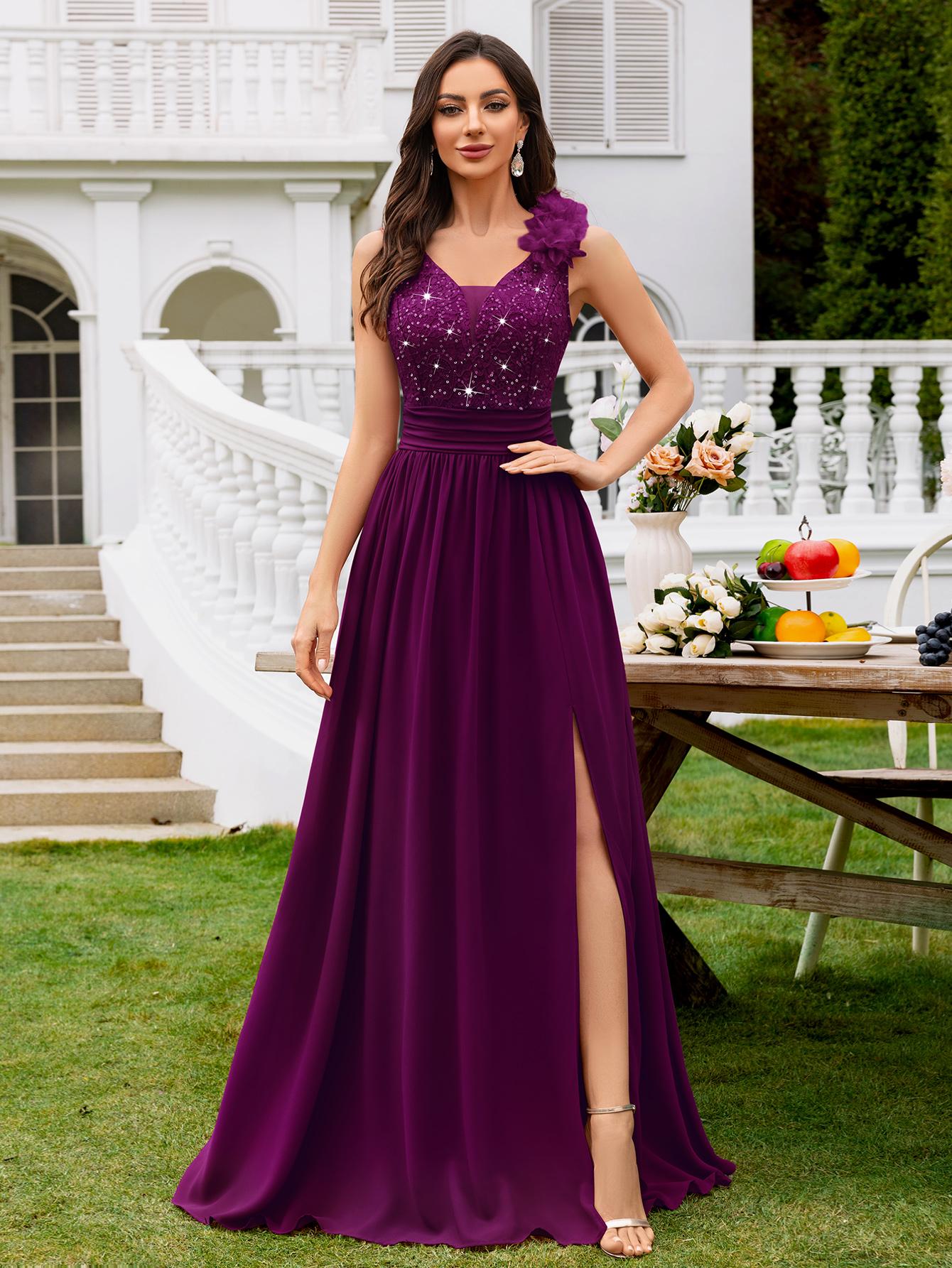 MIUSOL 24451A Women's Elegant Deep V-Neck Sequin Lace Chiffon Maxi Dress Mint Green Sleeveless Ruched Split Thigh Formal Evening Ball Gown for Wedding Guest Prom Graduation Bridesmaid Bridal Cocktail Party Events