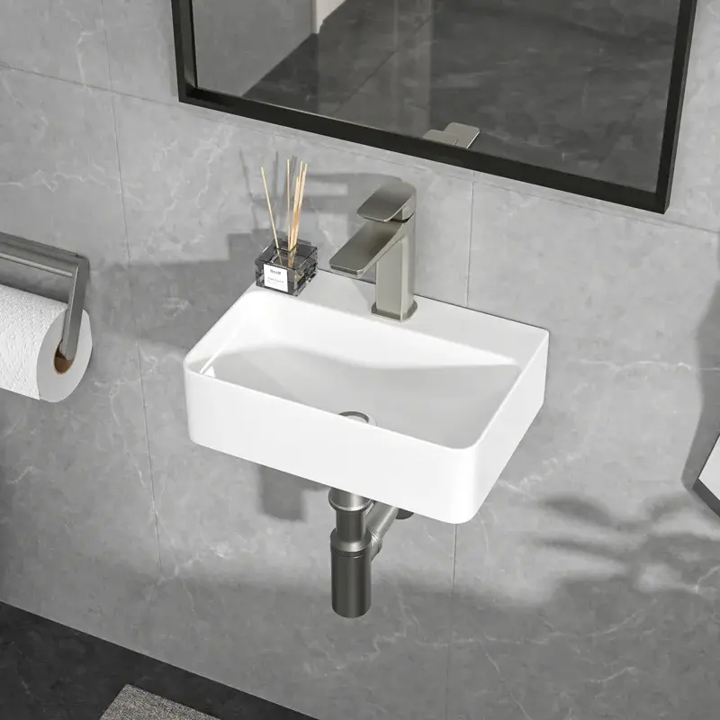 Logmey 14.5" Rectangular Wall Mount Bathroom Sink White Ceramic Wall Hung Vessel Sink with Pre-Drilled Faucet Hole,bathroom remodel,modern bathroom design