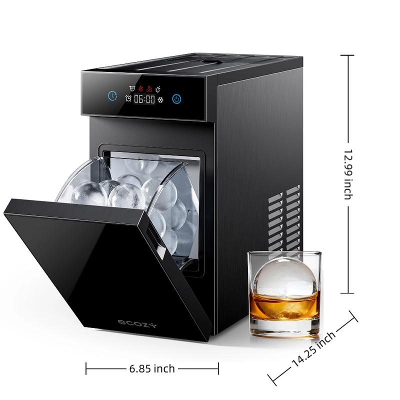 ecozy 2.1 Inch Clear Ice Ball Maker with CrystalFlux Technology, Small Footprint Sphere Ice Maker with 8H Timer, 1 pcs in 30 Mins, 48 pcs/Day, Self-Cleaning, Automatic Ice Ball Maker for Home Bar Whiskey & Bourbon