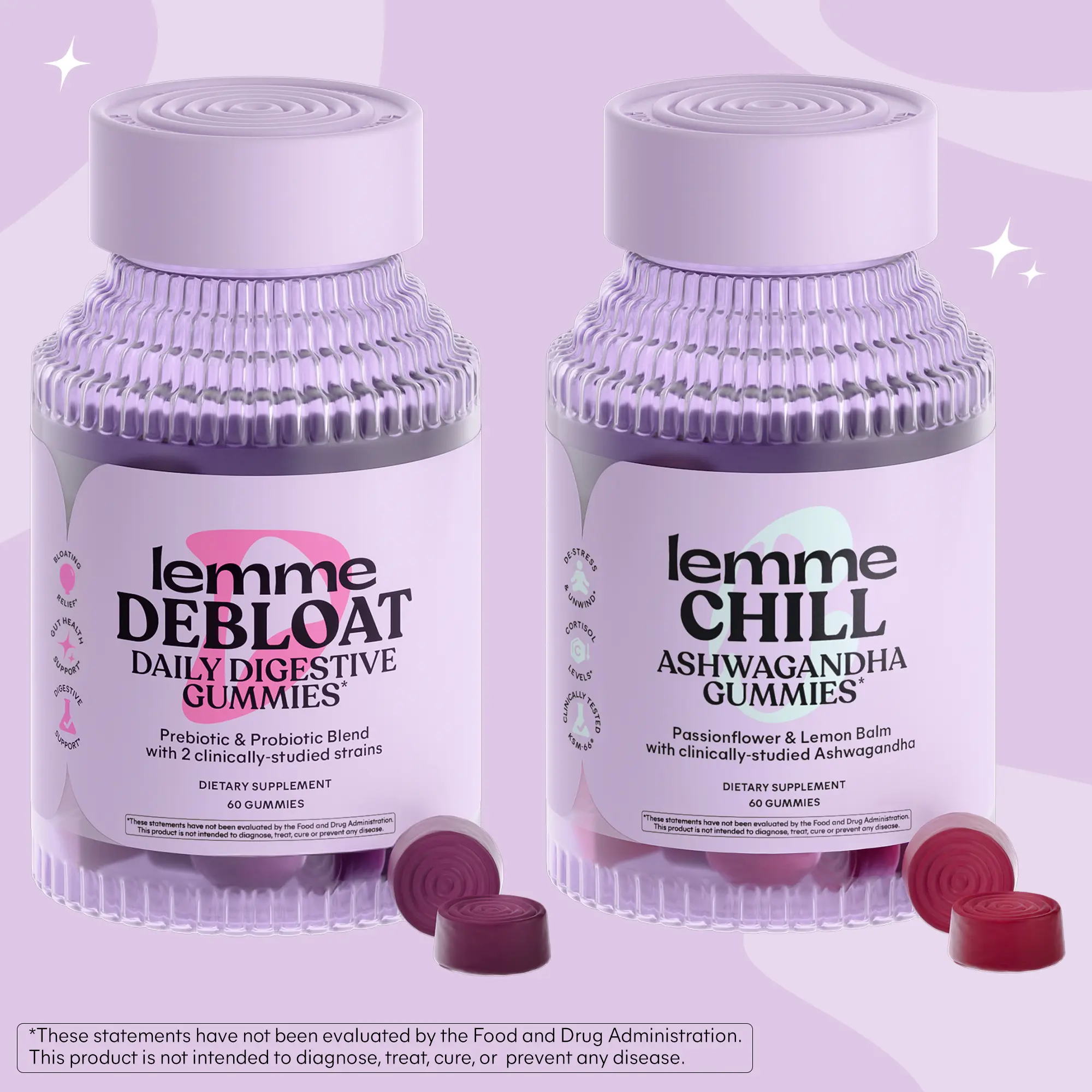 Unwind Bundle - Lemme Debloat & Lemme Chill Gummies, Digestive & Gut Health Gummies with Clinically-Studied Probiotics + De-Stress Gummies with Clinically-Studied Ashwagandha