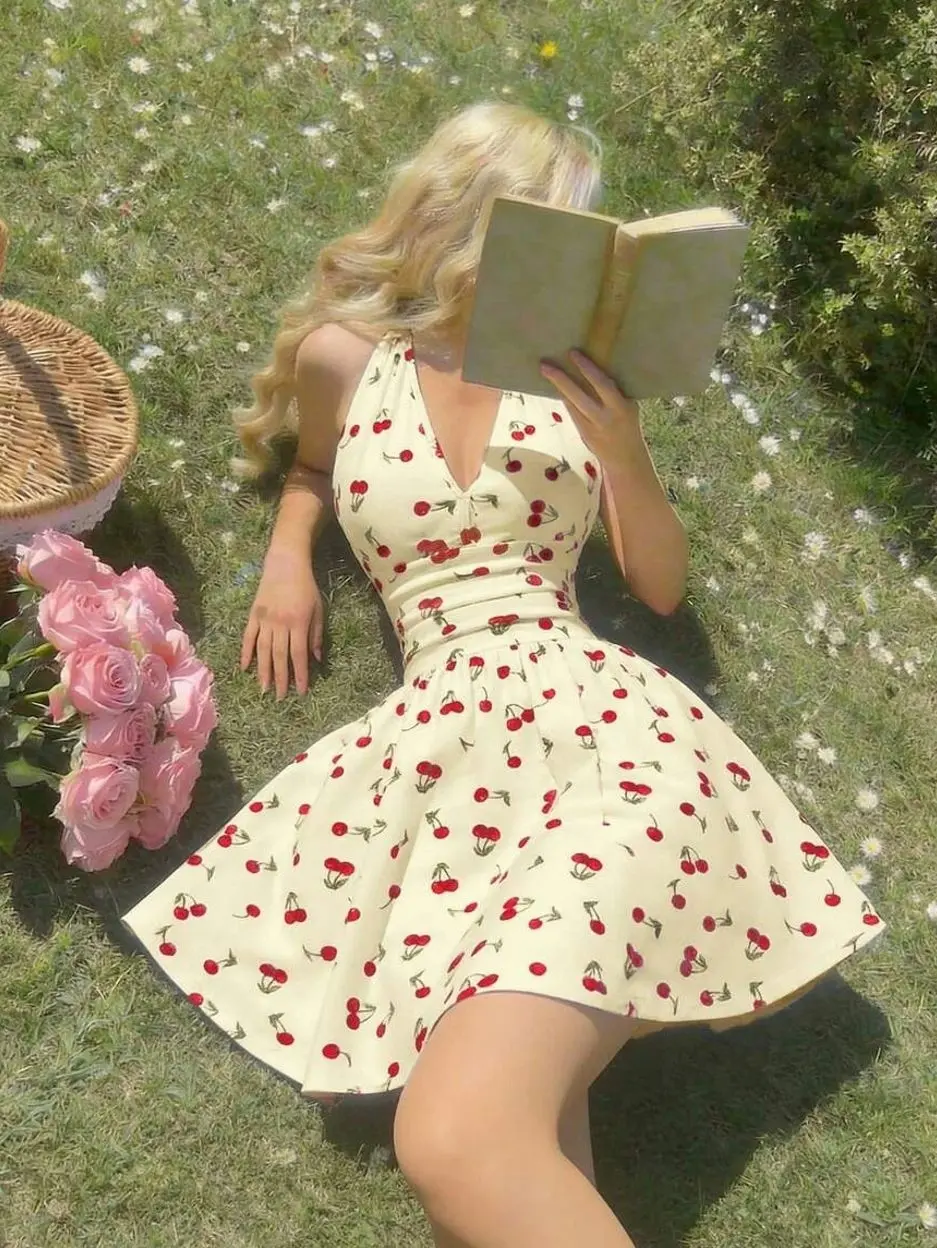 Women's Halter Backless Cherry Print Ruched Waist Elegant Mini Party Dress Cherry Clothes Picnic Outfit Summer Clothes Set Amusement Park Outfit Strawberry Clothes, Valentine's Day, Carnival Costume
