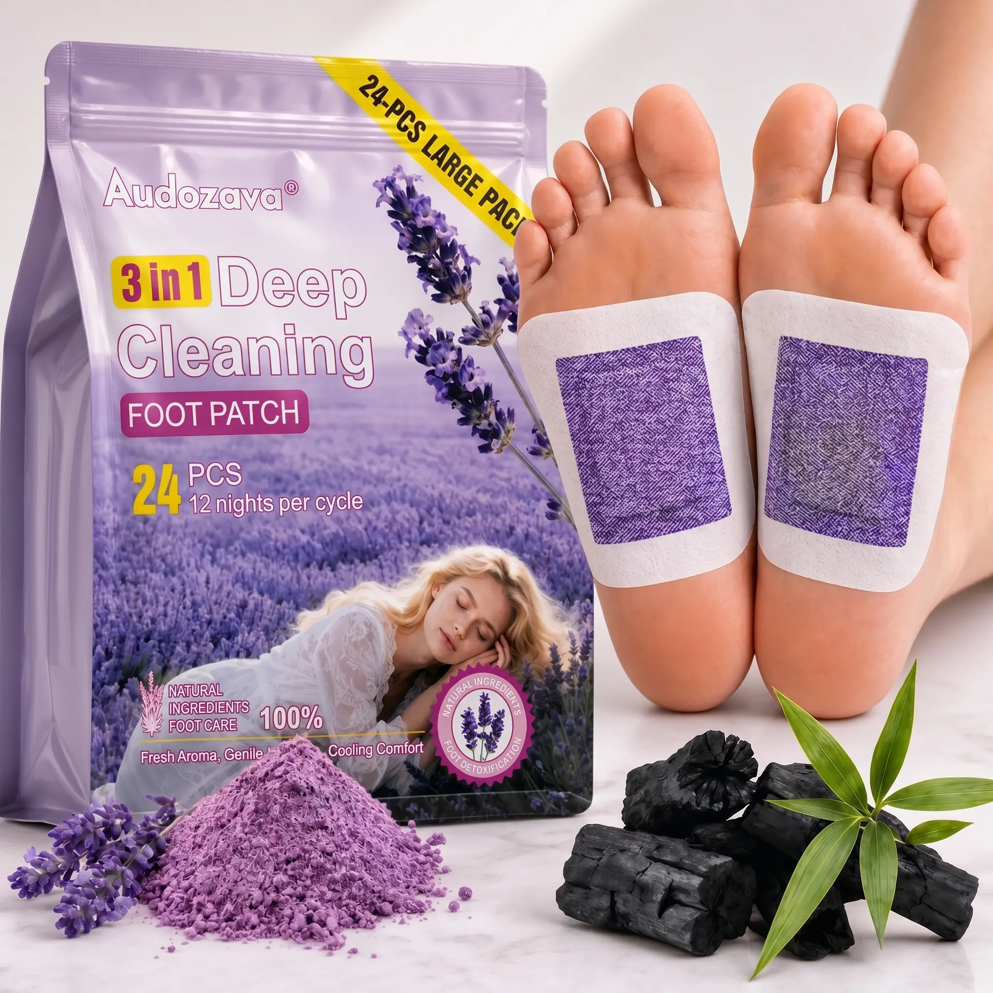 24PCS Lavender Herbal Blend Bamboo Adhesive Foot Mask Pads - Vitamin C Infused 3-in-1 Deep Clean, Sensitive Skin-Friendly, Detox, After-Work Relief, All Foot Care Routine Essentials, Sleep Aid, Youth Boost