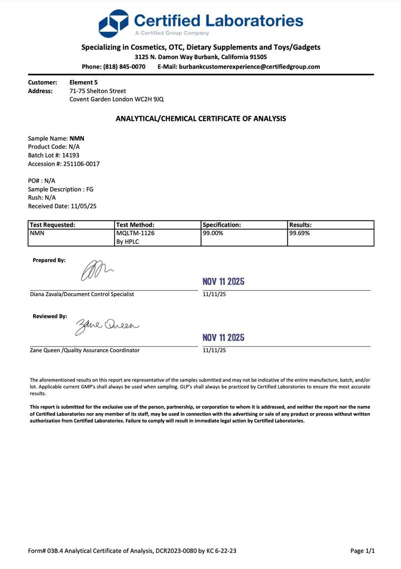 Element 5 NMN – 60 x 500mg Capsules – >99% Pure Nicotinamide Mononucleotide (NMN)