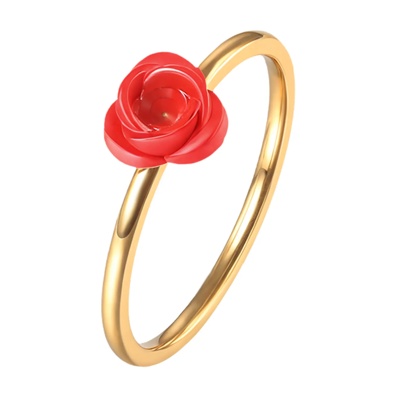 Rose Flower Stackable Rings – Women Gold Stainless Steel Red Floral Promise Ring Girls Teens Romantic Finger Band Jewelry Gift summerwins,