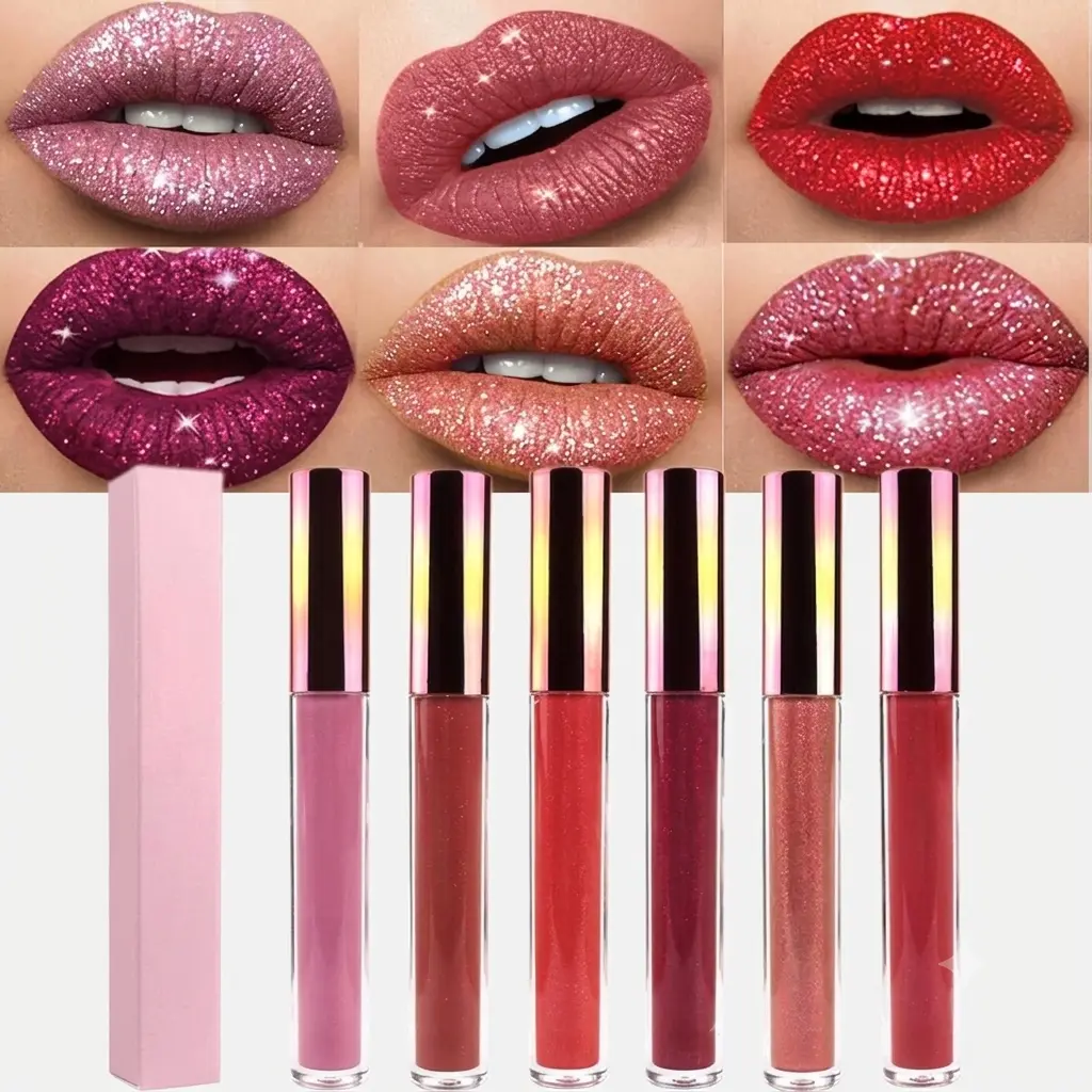 6Pcs Diamond Lip Gloss Matte to Glitter Liquid Lipstick Waterproof, Metallic Metal Shimmer Liquid Diamond Glitter Sparkle Sparkling Lipstick Lip Gloss Sets for Women Lips Kit, glitter+lipstick