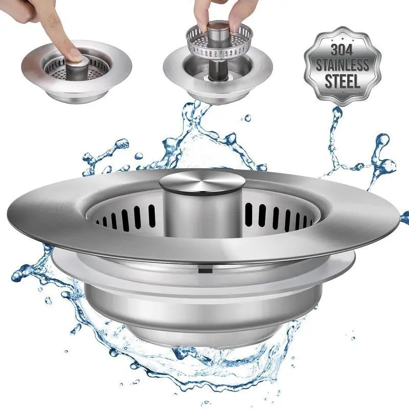 3-in-1 Stainless Steel Kitchen Sink Drain Kit - SUS304 All-Metal Strainer Stopper Assembly, Clog-Free Debris Filter Drain Set, Smooth, Rustproof, Corrosion-Resistant, Easy-Cleaning, Low-Maintenance for Modern Home Sinks (3Pcs)