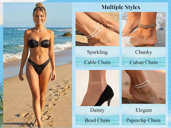 TEWIKY Dainty Layered Waterproof Anklet For Women Adjustable Womens Anklet Set Stackable Figaro Beaded Cuban Link Anklets Daily Clothing Decor For Beach Summer Trendy All-match & Exquisite Jewelry Back To School